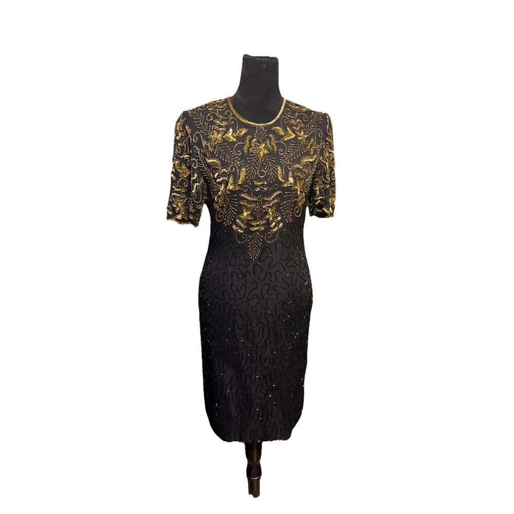 Vintage Black Dress Beaded W/Sequins 100% Pure Silk Cocktail/Evening Sz S Goth